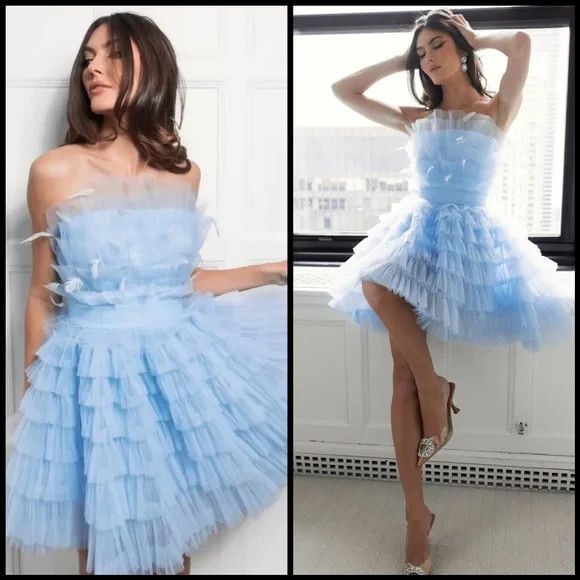 Mac Duggal 20529 Blue Feathered Strapless Tulle Fit & Flare Mini Dress NWT - Picture 1 of 6